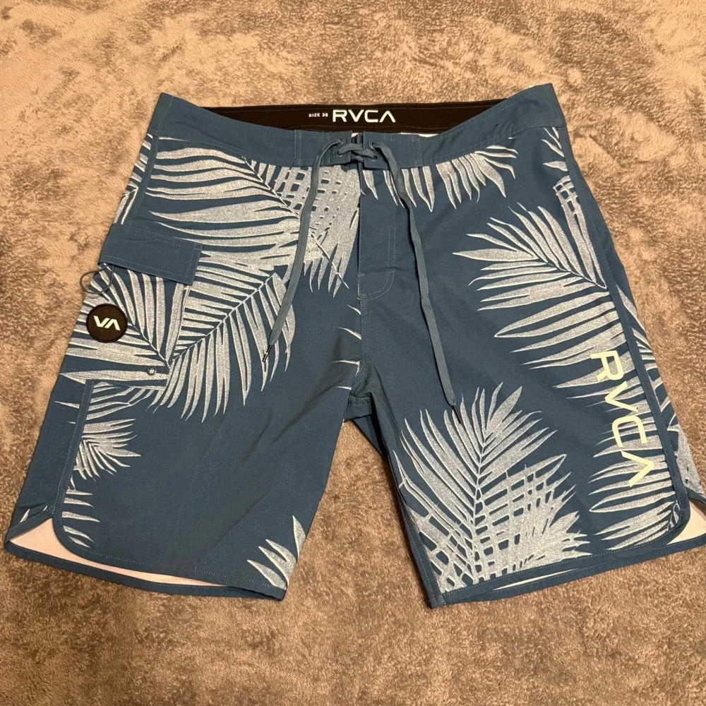 RVCA Mens Board Shorts‎ Palm Leaf Print Blue Size 38 Swim Trunks